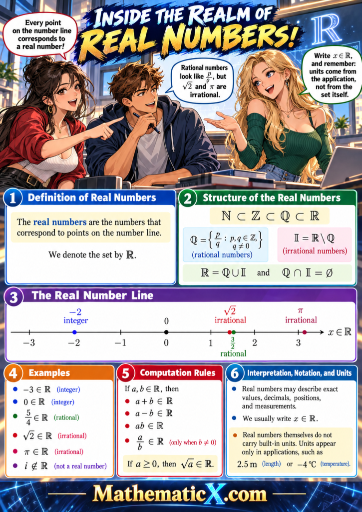 Three adult university students explain the real number system, rational and irrational numbers, a real number line, and rules of real arithmetic in a colorful shonen manga illustration.