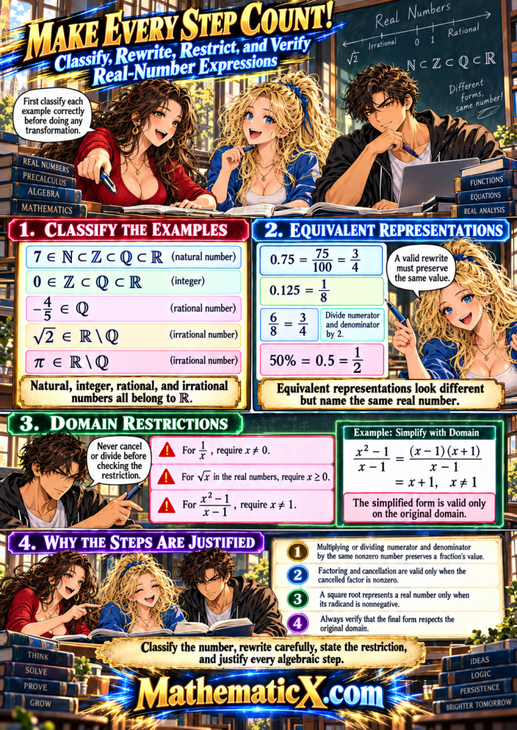 Vertical full-color shonen math illustration with three adult university students classifying real numbers, rewriting fractions and decimals, checking domains, and justifying algebraic simplification.