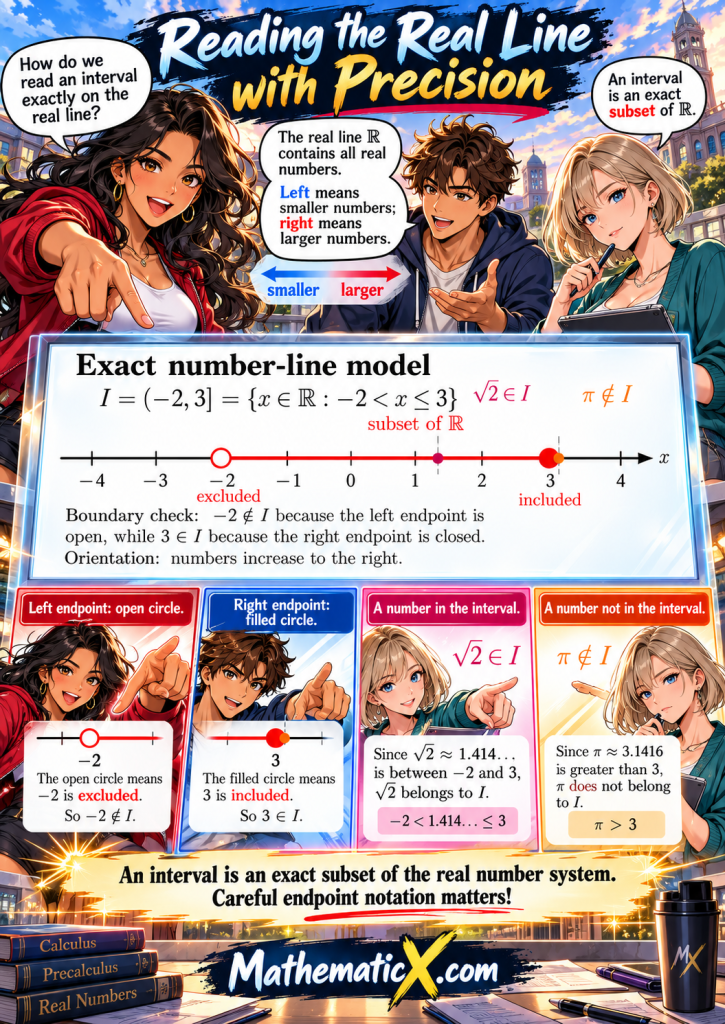 Adult university students explain the real number line and the interval (-2, 3] using open and closed endpoints, square root of two, and pi in a colorful shonen manga illustration.