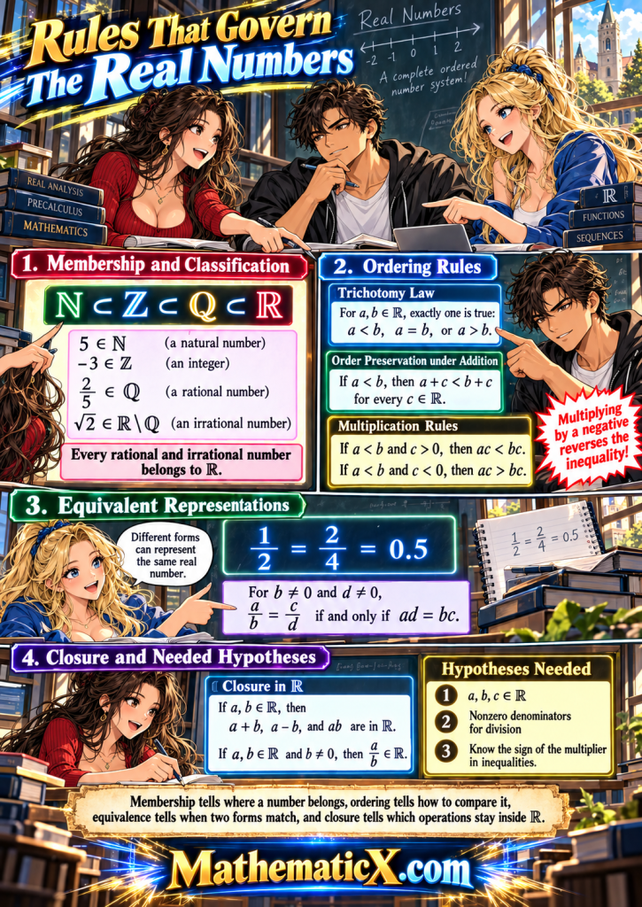 Three adult university students explain real number membership, ordering, equivalent fractions, arithmetic closure and the hypotheses needed for each rule in a colorful manga illustration.