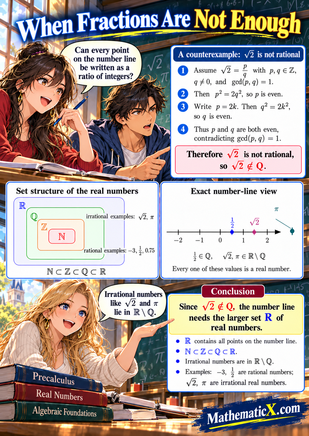 Three adult university students explain why the square root of two is irrational using a contradiction proof, nested number sets, and a number line.